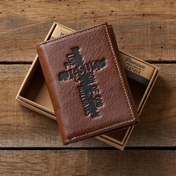 The Names of Jesus Classic Brown Rugged Cross Full Grain Leather Trifold Wallet
